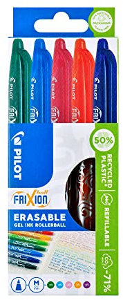Pilot Frixion Erasable Rollerball 0.7 mm (Pack of 5) - Orange/ Light Blue/ Green/ Purple/ Pink