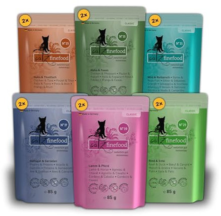 catz finefood Multipack 2, 12 x 85g Beutel, Feinkost Katzenfutter nass, Sorten Mix-Paket 2 mit Huhn, Thunfisch, Rind, Rotbarsch, Lamm, Garnelen, Wild
