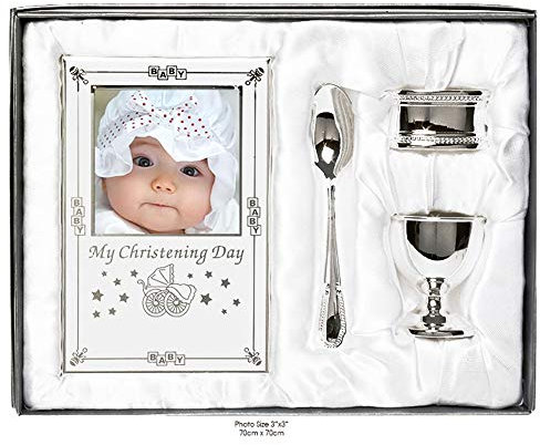 Beau coffret cadeau plaqué argent pour baptême – 4 pièces, avec coquetel, cuillère, cadre photo de bébé, anneau de serviette dans un coffret cadeau.