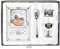 Beau coffret cadeau plaqué argent pour baptême – 4 pièces, avec coquetel, cuillère, cadre photo de bébé, anneau de serviette dans un coffret cadeau.