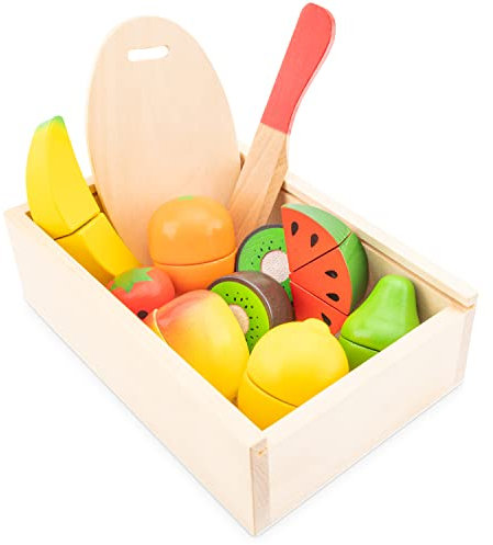 New Classic Toys 10581 Wooden Pretend Play Kids Cutting Meal Fruit Box Simulation Educational Perception Toy for Preschool Age Toddlers Boys Girls, Multi Color, Black