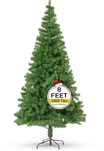 8ft Artificial Christmas Tree with 1300 PVC Tips and Metal Stand | Easy Assembly Flame Resistant Realistic Spruce Branches - Indoor Outdoor Green Christmas Trees for Home Decor