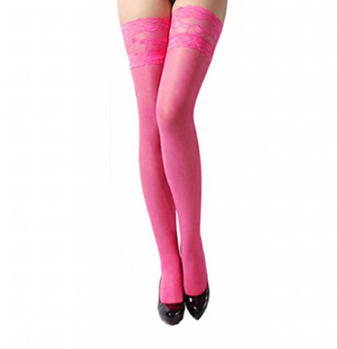 Xfome Style Calze di seta da donna in pizzo, Rosa acceso, Taglia unica