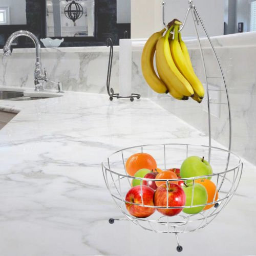 FB FunkyBuys Fruit Bowl Chrome Banana Hanger Hook Tree Storage Kitchen Home Wire Display Basket Stand (SI-K1001) 2 in 1