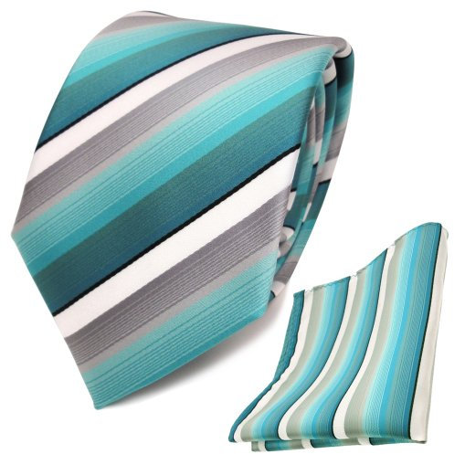 TigerTie Designer Krawatte Designer Einstecktuch in türkis mint grau weiß schwarz gestreift