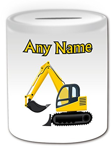 Salvadanaio a forma di escavatore (tema di trasporto, bianco) – qualsiasi nome/messaggio sul tuo unico – Salvataggio salvadanaio – Driver Tracked Digger Heavy Vehicle Automobile Truck Costruzione Road Worker JCB CAT pala meccanica HGV