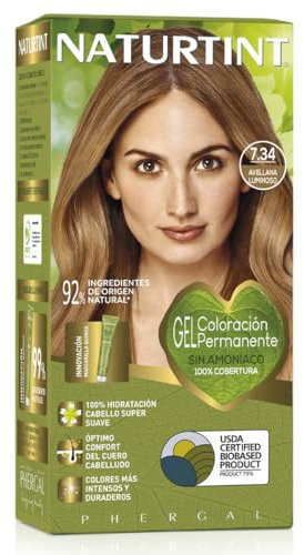 NATURTINT Biobased, Coloración Permanente Sin Amoniaco, 100% Cobertura de Canas, Tinte para el Cabello con Ingredientes Naturales, Color Intenso, Natural y Duradero, 7.34 Avellana Luminoso, 170ml