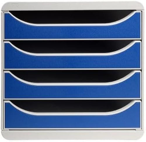 Exacompta - Ref 310003D - BIG-BOX Desktop Drawer Set - 4 x 55mm Drawers, Suitable for A4+ Documents, 347 x 278 x 267mm, 100% Recycled Plastic - Light Grey/Blue