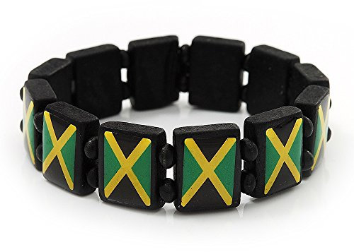Avalaya Black Wooden 'Jamaica Flag' Stretch Bracelet - up to 20cm Length