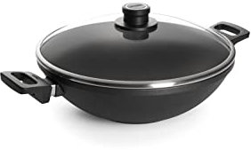 Woll Nowo Titanium Wok- und Rührpfanne mit Glasdeckel in Box, Ø 32 cm, 11 cm hoch, mit 2 Seitengriffen - Geeignet für Ceran, Gas, Elektro, Halogen - nicht induktionsgeeignet, backofenfest, schwarz