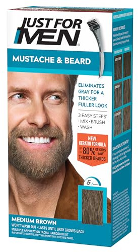 Just For Men Mustache & Beard multiple uses Beard Coloring for Gray Hair with Brush, With Keratin Biotin Aloe and Coconut Oil for Healthy Facial Hair Medium Brown, M-35, Pack of 1 (Packaging May Vary)