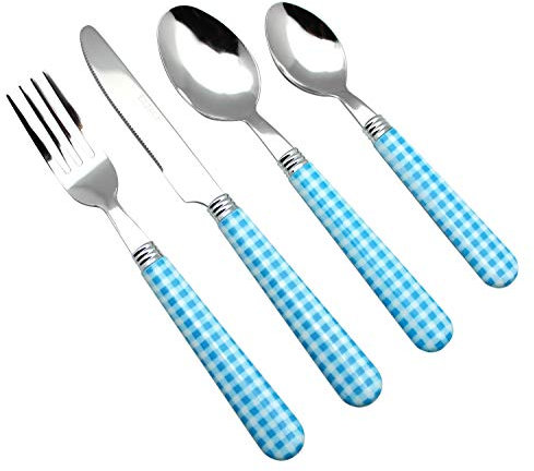 EXZACT Cuberterías 24 Piezas -Patrón a Cuadros/Gingham- Cubiertos Acero Inoxidable con manecillas de Color - 6 x Tenedores, 6 x Cuchillos, 6 x Cucharas, 6 x Cucharaditas (Azul x 24)