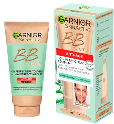 Garnier - BB Crème Anti-Âge - Soin Perfecteur Tout-en-1 Anti-Rides - FPS 25 - Enrichi en Acide Hyaluronique & Aloe Vera - Pour Peaux Matures - Teinte : Medium - Skin Active - 50 ml