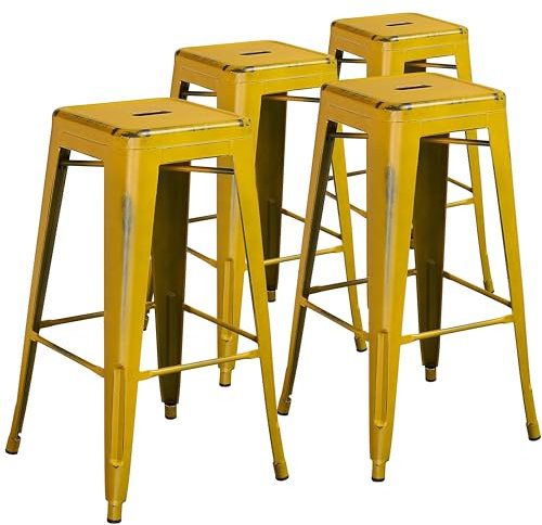 Flash Furniture Handelsübliche Qualität, 4 Stück, 76,2 cm hoch, rückenfrei, Used-Look, Metall, für drinnen und draußen
