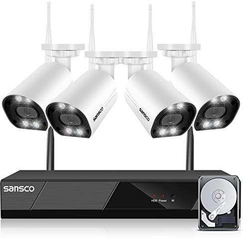 SANSCO Wireless Security Camera Systems, 10CH 5MP NVR CCTV System 1TB Hard Drive, 4x 3MP Bullet Outdoor WiFi IP Camera, 2 Way Audio, Color Night Vision, Human Detection, Email APP Alert