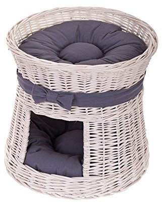 e-wicker24 Runde Katzenhütte, Katzenkorb aus Weide, Korb für die Katze mit Zwei Etagen, Katzenlager mit Kissen und Schleife, Katzenturm (Cremefarben_grau)