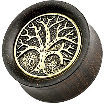 Piercingfaktor Ohr Plug Flesh Tunnel Piercing Ohrpiercing Holz Baum des Lebens Altgold 10mm