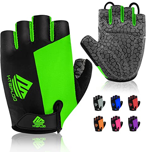 HTZPLOO Bike Gloves - Cycling Gloves for Men & Women, Anti-Slip, Shock-Absorbing, Light Weight, Half Finger (Green, Large)