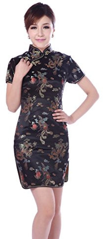 JTC Femme Robe Courte Chinois Cheongsam Motif de Paon et Dragon en Brocart-noir (34-36/Asie M)