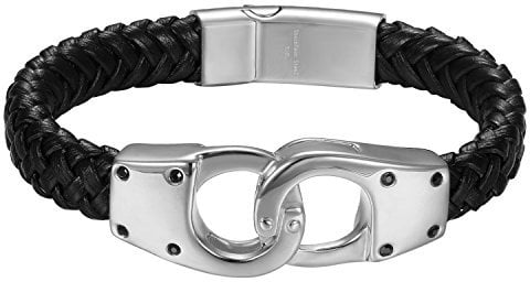 JewelryWe Schmuck Herren Armband, Edelstahl Handschellen verbinden Design mit Leder Band Armreif, Silber schwarz