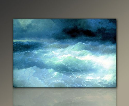 Meerlandschaft! Wandbild xxl günstig & modern (Aivazovsky_between-the-waves-1898-60x90cm) Deko Bilder fertig gerahmt mit Keilrahmen groß im Bilder Shop. Ausführung schöner Kunstdruck auf echter Leinwand als Wandbild mit Rahmen. Preiswerter als Ölbild Gemälde Foto Poster Plakat mit Bilderrahmen. Picture Style (Natur Meer Landschaft Wellen Sturm Unwetter blau grau weiß). 100% Made in Germany.