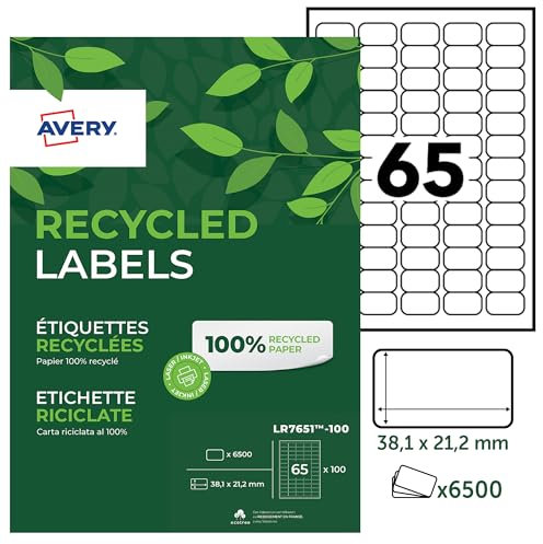 Avery LR7651-100 Klebeetiketten, 38,1 x 21,2 mm, aus zu 100% recycelten Materialien, 6.500 Stück