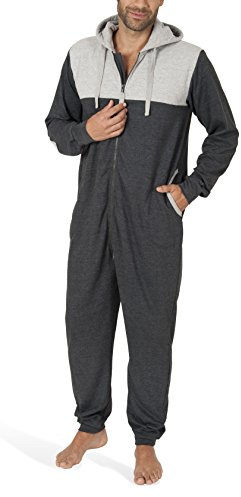 SLOUCHER - Herren Jumpsuit Onesie Overall Einteiler Hausanzug aus Baumwolle mit Reißverschluss und Kapuze, Farbe:anthrazit-Melange, Größe:S