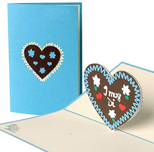 Pop Up Karte mit Lebkuchenherz aus Papier, gut als Geschenk Zum Oktoberfest, Herz Geschenke G12