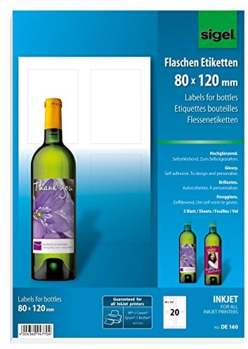 SIGEL DE160 Flaschenetiketten, 20 Stück, hochweiß, für InkJet-Drucker (A4 Papier, hochglänzend, 80 x 120 mm), zum Selbstgestalten von Geschenken