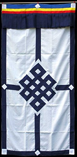 BUDDHAFIGUREN/Billy Held Buddhistischer Türbehang Shrivasta - Endlosknoten weiß mit blauem Rand - Tibeter Wandbehang 90x180 cm