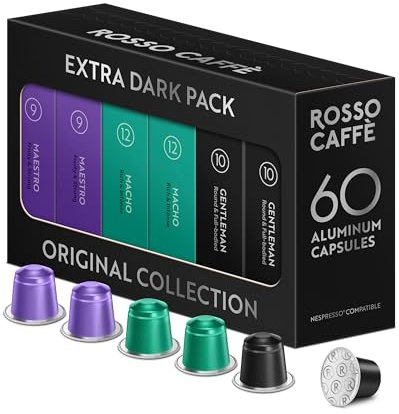 ROSSO CAFFÈ 60 Nespresso Machine Compatible Capsules, “Extra Dark” Morning Coffee, 3 Premium Dark Roasts, Aluminium Coffee Pods, Compatible with Original Machines