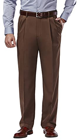 Haggar Mens Mynx Gabardine Hidden Expandable Waistband Classic Fit Front Pleated Dress Pants, Oak, 34W x 29L US