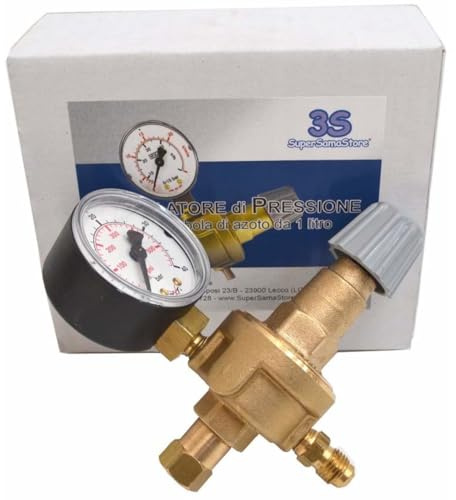 3S SuperSamaStore Druckminderer Stickstoff für Kartuschen, Stickstoffregler mit oberem Einstellknopf und Manometer 0–40 Bar, Druckregler Stickstoff für Prüfungen an HLKK-Anlagen, Ausgang 1/4 SAE