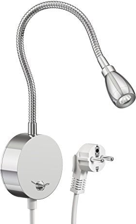 ledscom.de LED Leselampe/Wandleuchte HAN, Schwanenhals, Schalter, Stecker, chrom glänzend, weiß