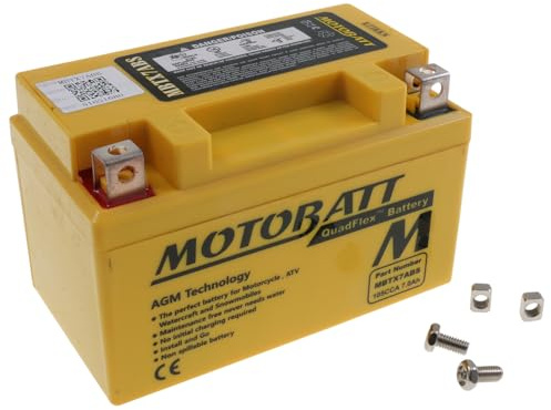 MOTOBATT AGM-Batterie 12V 7Ah MBTX7ABS kompatibel mit Suzuki AN 125 U CF42A | Baujahre 1997-1999; wartungsfrei & versiegelt, Vergleichstyp YTX7ABS; 105 A Kaltstartstrom, 2-polig, befüllt, Blei-Vlies