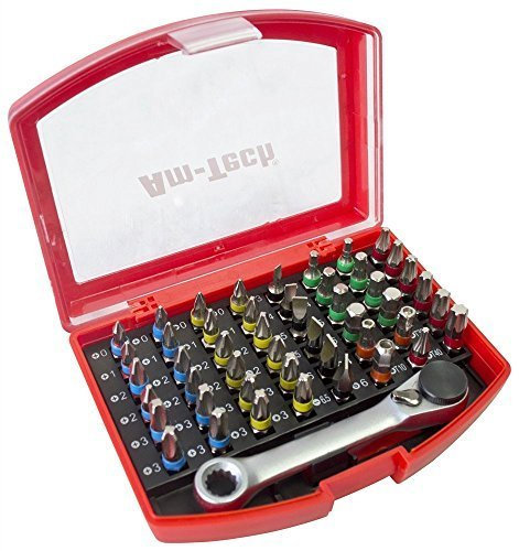 Amtech 49pc Colour Coded Screwdriver Bits Set with Mini Ratchet Spanner, Variety Pack, Chrome Vanadium Steel, Torx, Square, Pozi, Phillips, Slotted, Security Hex, Hex Fasteners