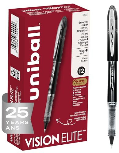 uni-ball Vision Elite Rollerball Pens, Black Pack of 12 - Micro Japanese 0.5mm Ink, Teacher, Smooth Writing School, Journaling - School & Office Supplies