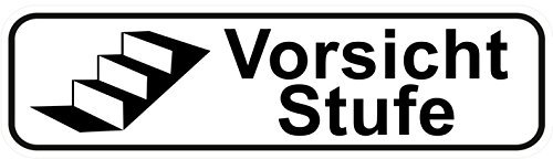 Türschilder24 Vorsicht Stufe Aufkleber/Türaufkleber/Türschild/PVC Hinweisschild 180mm x 50mm Weiß/Schwarz selbstklebend