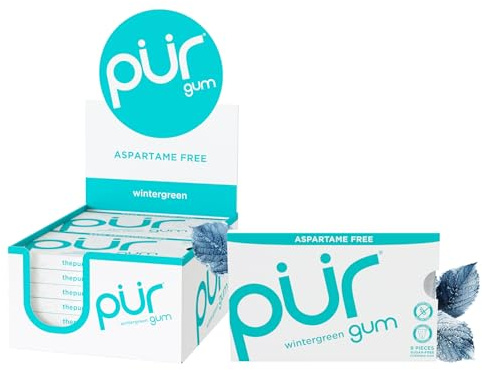PUR Gum | Zuckerfreier Kaugummi | 100% Xylit | Vegan, Aspartamfrei, Glutenfrei & Diabetikerfreundlich | Natürlicher Kaugummi Mit Wintergreen-Geschmack, 55 Stück (12er Pack)