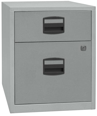 Bisley Home Personal Rollcontainer PFA: mit 1 Schublade und 1 Hängeregistaturschublade/Bürocontainer/Rollwagen Gebrauch für Schreibtisch, Akten, Dokumente, Schreibwaren Maße: 40 x 41.3 x 52.8 cm | 1 Schublade, 1 Hängeregistratur, silber