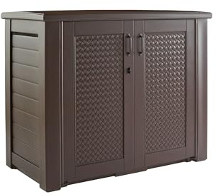 Rubbermaid - Armario de almacenamiento decorativo extra grande para patio, resistente a la intemperie, 123 galones, madera de teca oscura, para jardín, patio, hogar, piscina