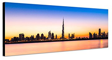 Wandbild auf Leinwand als Panorama in 150x50cm Dubai Skyline Wolkenkratzer Wasser Abendlicht