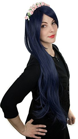 Prettyland Damen 80cm lange Perücke Dunkel Blau Glatt voluminös Manga Anime Wig C617