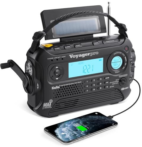 Kaito Voyager Pro KA600 Dynamo Solaire numérique à remonter, Dynamo à manivelle, AM/FM/LW Ondes Courtes et Radio de Protection Contre Les intempéries NOAA avec Lampe de Poche, Alarme de Lampe de