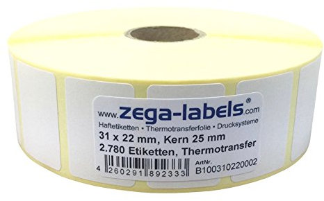 Thermotransfer Etiketten auf Rolle - 31 x 22 mm - 2.780 Stück je Rolle - Kern: 25 mm - aussen gewickelt - permanent haftend - Druckverfahren: Thermotransfer (Drucken mit Farbband)