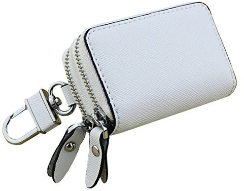 Esdrem-Unisex-Echtleder-Schlüssel-Hülle/Halter - mit Doppelreißverschluss - Auto-Schlüsselanhänger-Schlüsseletui weiß