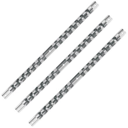 3 x Aufsteckschiene/Klemmleiste/Nusshalter/Aufsteckleiste/Ordnungssystem mit 45 verschiebbare Clips für 1/4 3/8 1/2 Vierkant Nüsse Einsätze, 420 mm