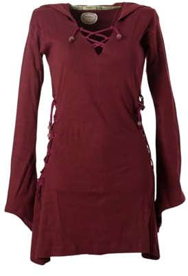 Vishes Elfenkleid mit Zipfelkapuze & Schnürbändern in Dunkelrot | Größe S (40) | Handgefertigt aus 100% Baumwolle | Ideal für Herbst & Frühjahr | Nachhaltige Alternative Bekleidung