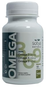 Sotya Omega 3 6 9 - Complemento Alimenticio Elaborado con Aceites Vegetales y Pescado - Rico en Ácidos Grasos Esenciales – 50 Capsulas Blandas de 1400mg – Alto Contenido en EPA, DHA, LA y GLA