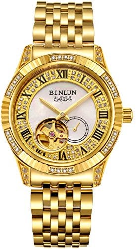 BINLUN 18K Gold Herren Armbanduhr Herren Automatikuhren Tourbillon Diamantenuhr für Herren Edelstahlarmband Leuchtzeiger Armbanduhren